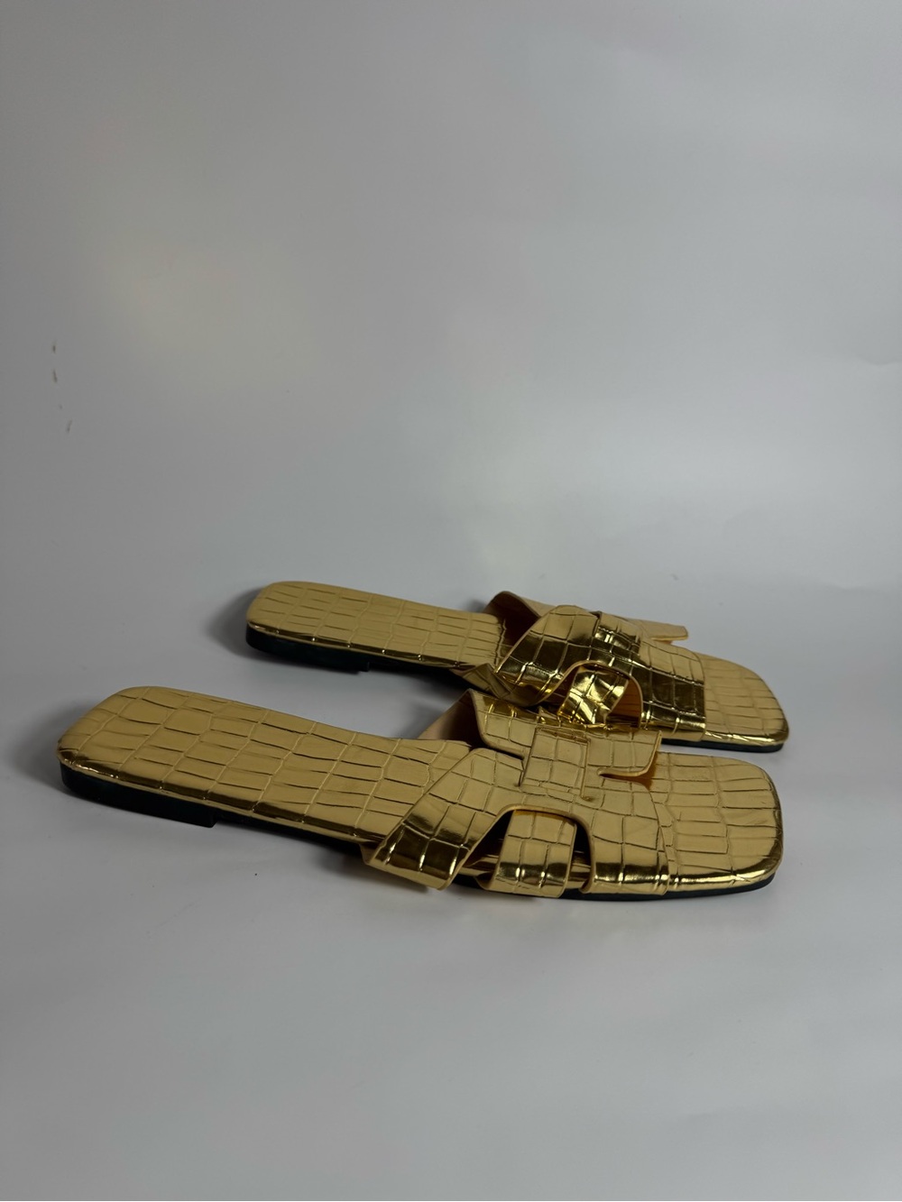 Gold Croc-Embossed Slide Sandals - Women